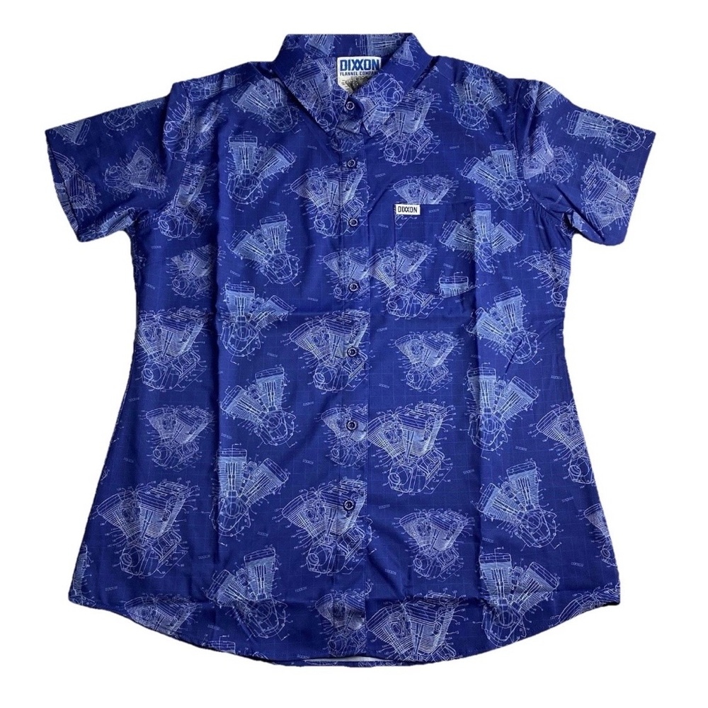 Dixxon Short Sleeve Shirt Womens Large The Blueprint Blue Engine Print New
